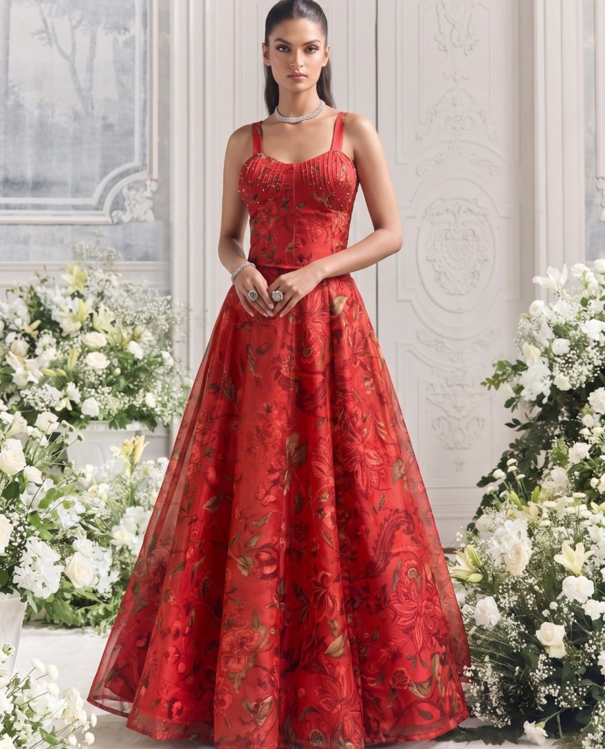 RED - Red Floral Tabby Organza Party Wear Lehenga Set